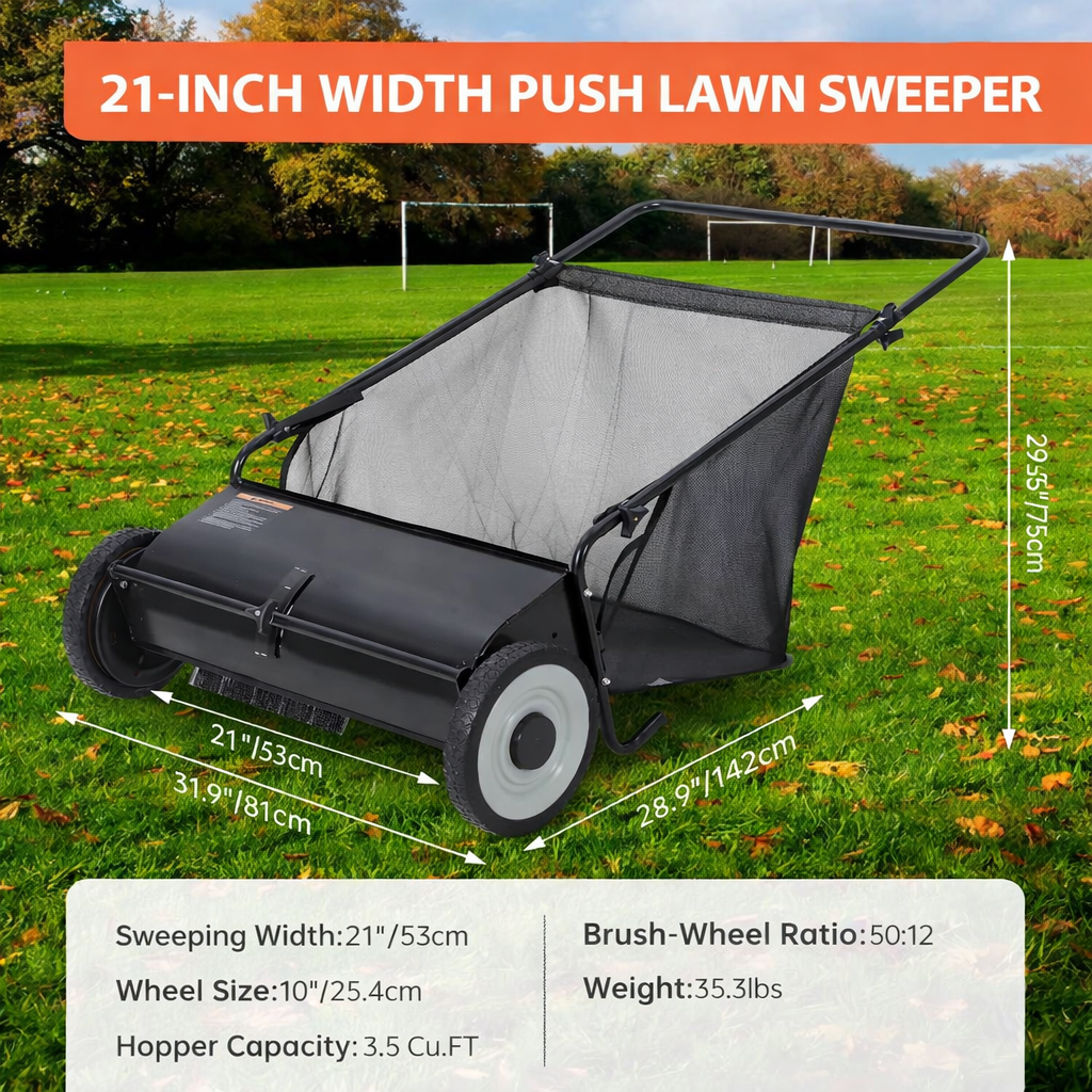 Garvee 21" Push Lawn Sweeper with 4-Brush System, Heavy Duty Steel Yard Leaf Collector, Adjustable Height, 3.5 Cu Ft Bag, Manual Grass & Lawn Cleaner Black
