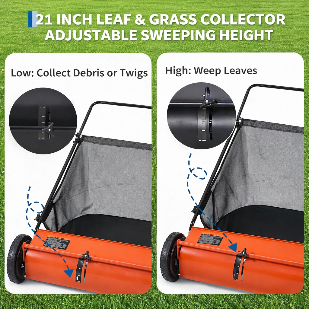 Garvee 21" Push Lawn Sweeper with 4-Brush System, Heavy Duty Steel Yard Leaf Collector, Adjustable Height, 3.5 Cu Ft Bag, Manual Grass & Lawn Cleaner Orange