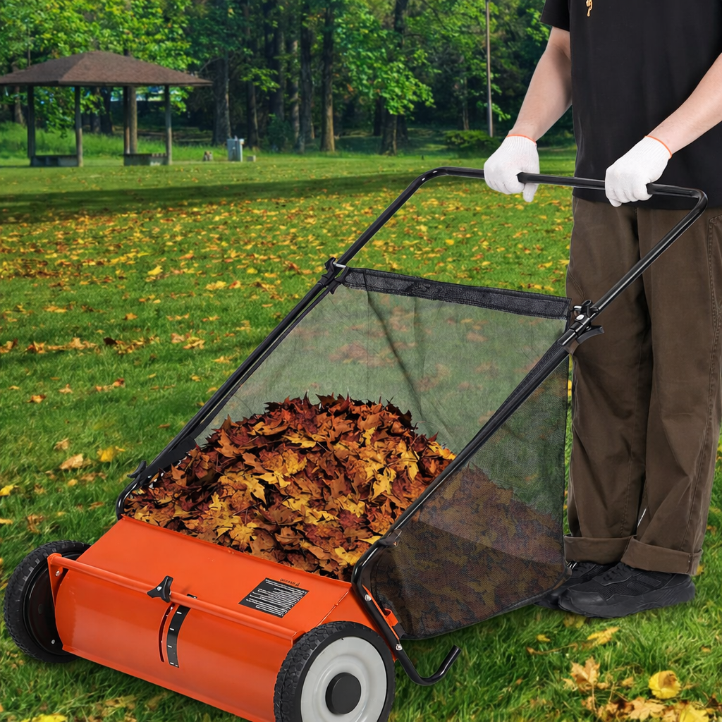 Garvee 21" Push Lawn Sweeper with 4-Brush System, Heavy Duty Steel Yard Leaf Collector, Adjustable Height, 3.5 Cu Ft Bag, Manual Grass & Lawn Cleaner Orange