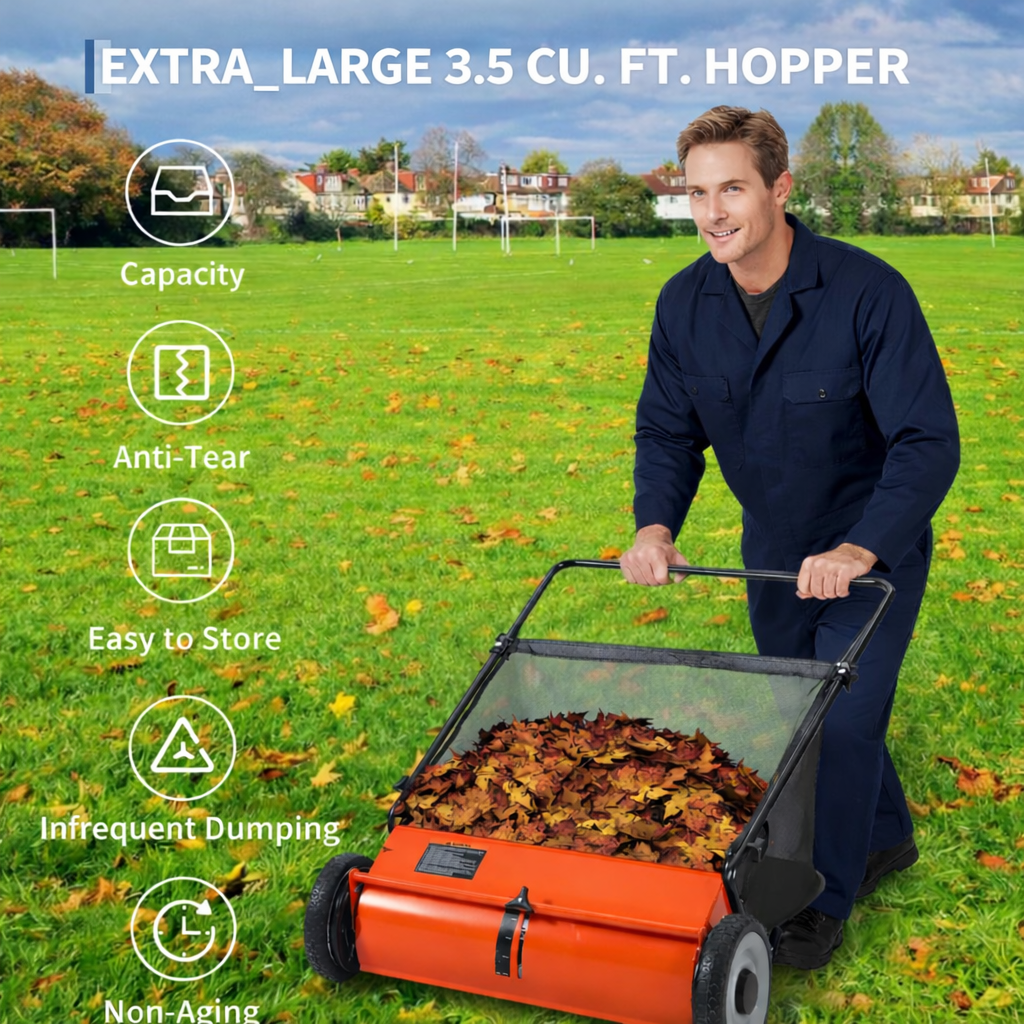 Garvee 21" Push Lawn Sweeper with 4-Brush System, Heavy Duty Steel Yard Leaf Collector, Adjustable Height, 3.5 Cu Ft Bag, Manual Grass & Lawn Cleaner Orange