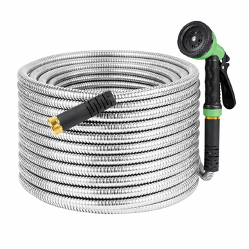 Garvee 50FT Heavy Duty Stainless Steel Garden Hose – Flexible, Kink-Free Metal Water Hose with 10-Function Nozzle, Leak-Proof, Rust-Proof, Lightweight, Sturdy Brass 3/4'' Connectors