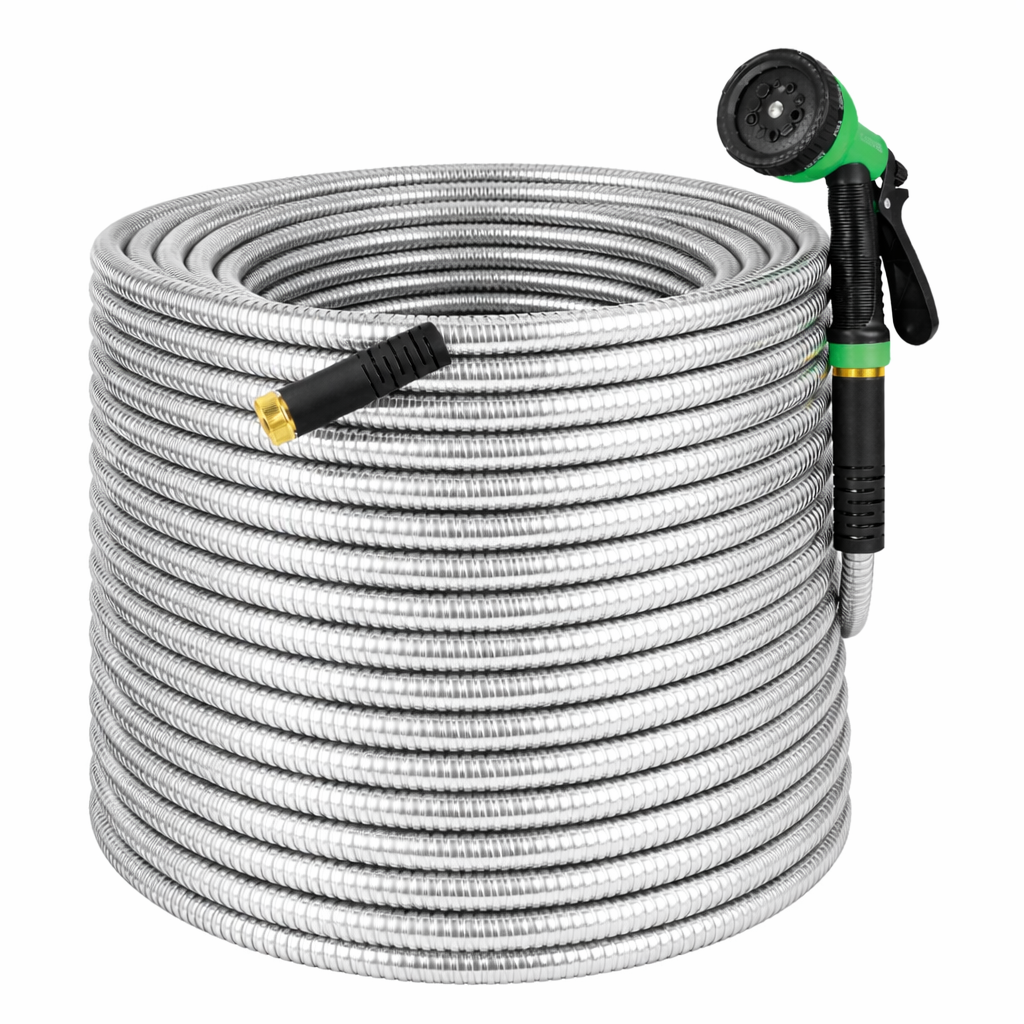 Garvee 100FT Heavy Duty Stainless Steel Garden Hose – Flexible, Kink-Free Metal Water Hose with 10-Function Leak-Proof Spray Nozzle, Sturdy Brass 3/4'' Connectors