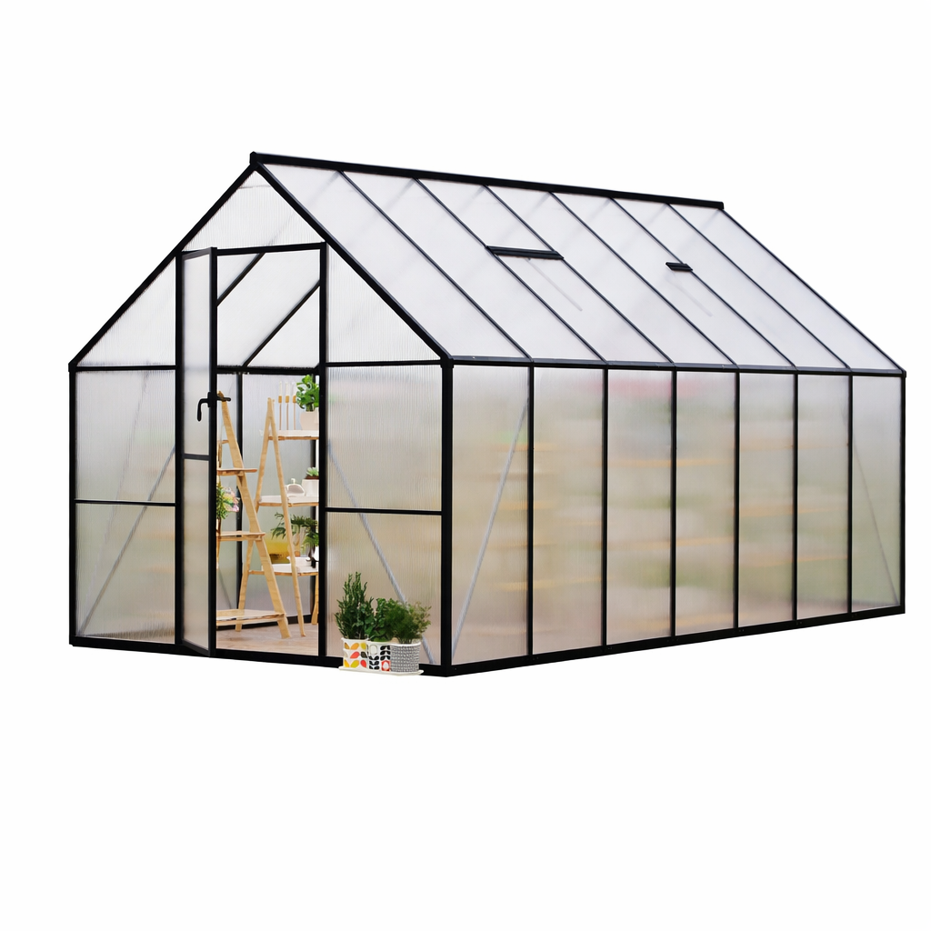 Garvee Heavy Duty 8x16FT Aluminum-Framed Walk-In Polycarbonate Greenhouse Kit – Double Swing Doors, Quick Setup, Roof Vent, High Wind Resistance – Large Outdoor Growing Tent, Black