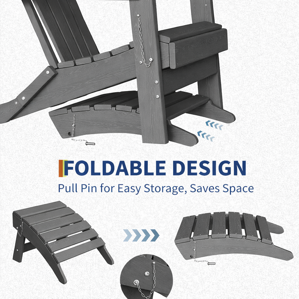 Garvee Folding Adirondack Ottoman - HDPE All-Weather Outdoor Footrest for Patio, Deck, Backyard, Poolside - Weather-Resistant, Easy to Store - Compatible with Adirondack Chair - Grey, 1 Piece