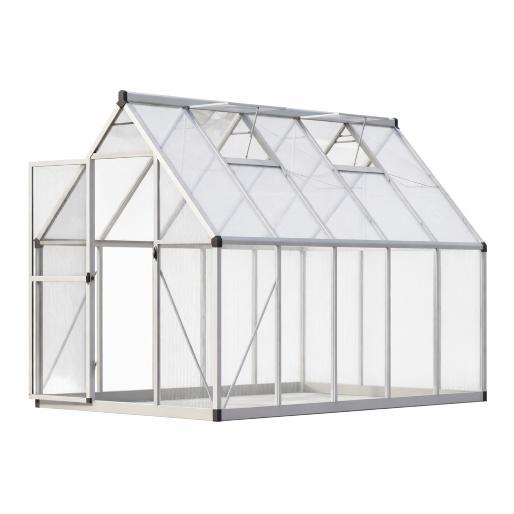 Garvee Heavy Duty 6x9 FT Polycarbonate Walk-In Greenhouse - Sturdy Aluminum Frame, Lockable Door, Adjustable Roof Vent, Easy Assembly, Ideal for Garden, Backyard, or Patio, Silver