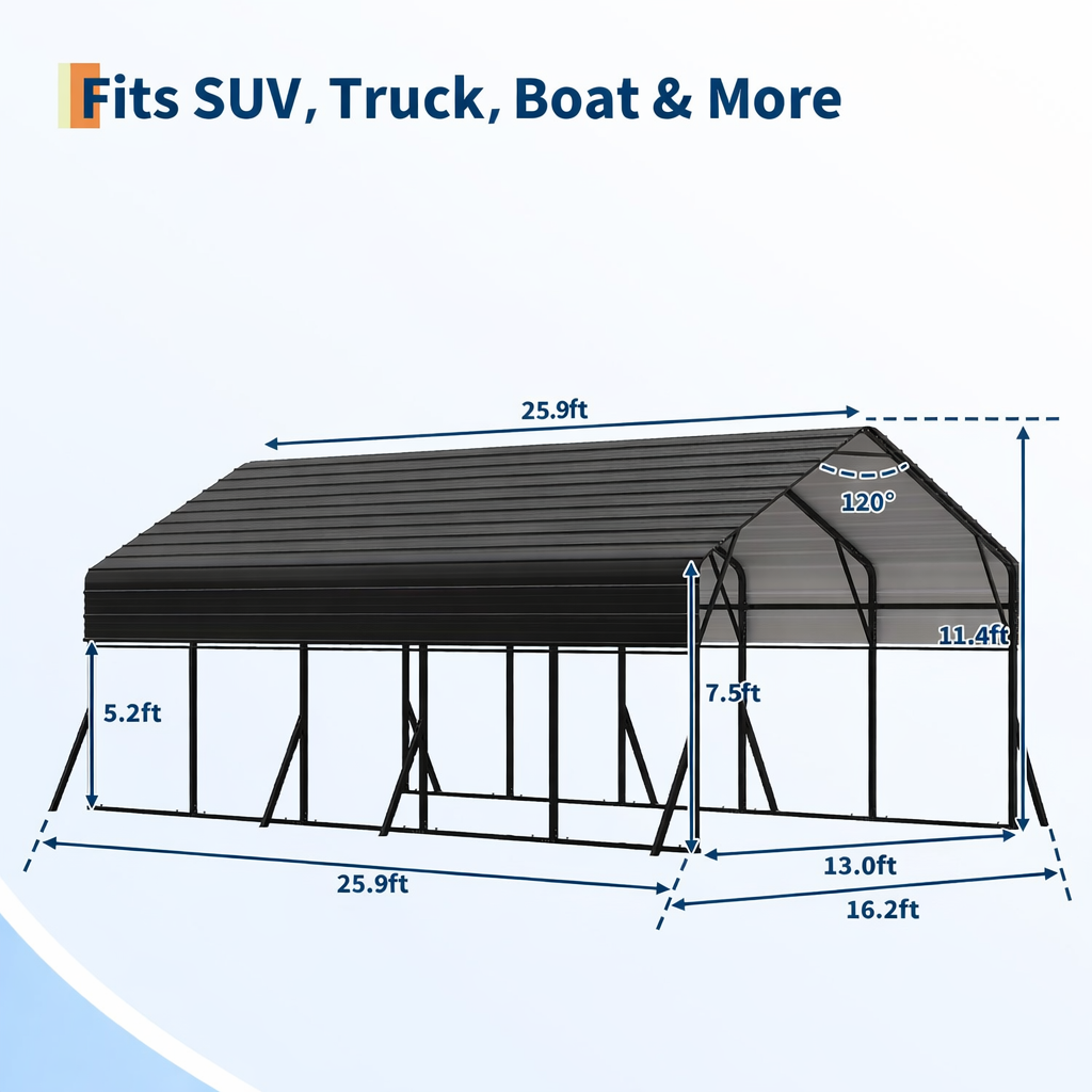 Garvee 13' X 26' X 11' Heavy Duty Metal Carport Kit – Reinforced Frame & Anchors – 100MPH Wind & 35PSF Snow Rated – Shelter for 2 Cars, Trucks, Boats, RVs, Tractors – Easy Assembly