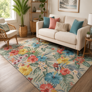 Garvee Bedroom Rug Washable Area Rug Non Slip Low Pile Boho Floral Carpet Beige 6x9ft