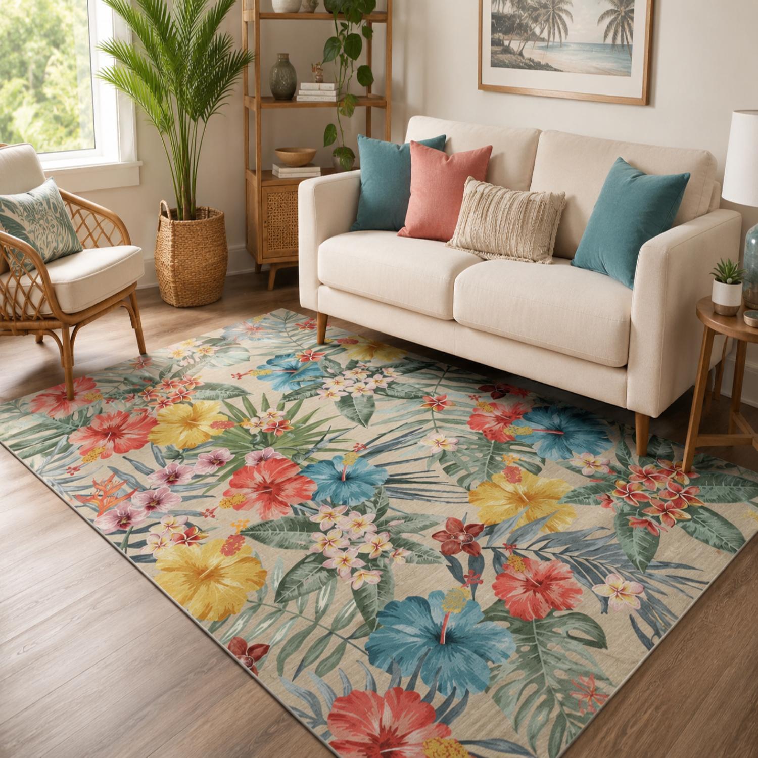 Garvee Bedroom Rug Washable Area Rug Non Slip Low Pile Boho Floral Carpet Beige 6x9ft