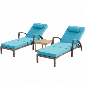 Garvee Set of 2 Outdoor Patio Chaise Lounge Chairs with Cushions & Pillows, 5-Position Adjustable Folding PE Rattan Recliners with Wheels, Weather-Resistant Poolside Sun Loungers for Backyard, Deck & Garden, Peacock Blue