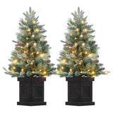 Garvee 3ft Christmas Tree 2 Set, Pre-Lit Artificial Christmas Tree with Vintage Potted Base, Flocked Snow 70 Warm White LED Lights Red Berries, Festival Decoration Xmas Holiday Decor for Home, Entrances, 2 PCS - Black Base-Classical Potted