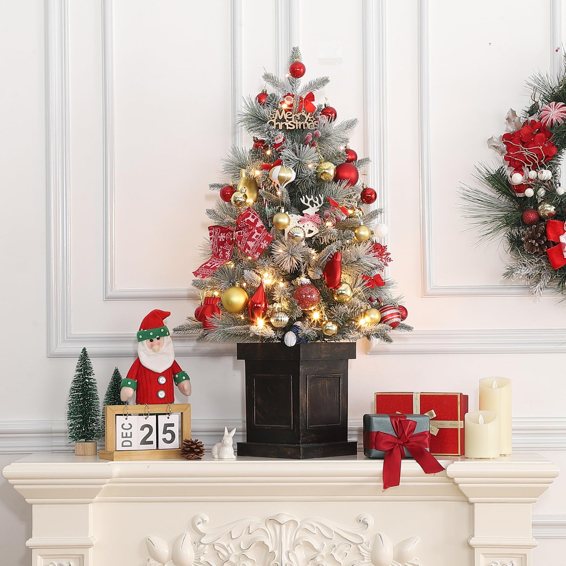 Garvee 3ft Christmas Tree 2 Set, Pre-Lit Artificial Christmas Tree with Vintage Potted Base, Flocked Snow 70 Warm White LED Lights Red Berries, Festival Decoration Xmas Holiday Decor for Home, Entrances, 2 PCS
