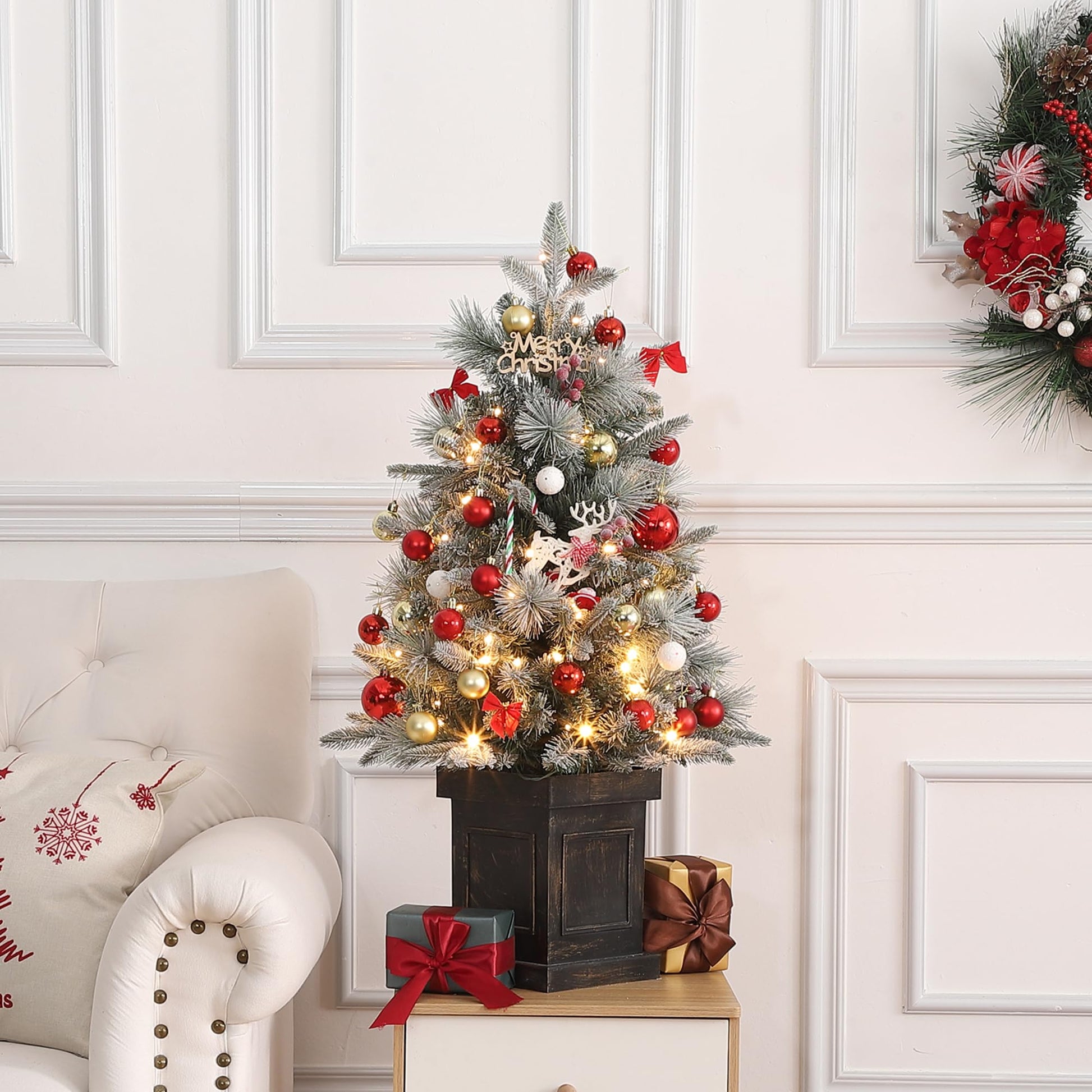 Garvee 3ft Christmas Tree 2 Set, Pre-Lit Artificial Christmas Tree with Vintage Potted Base, Flocked Snow 70 Warm White LED Lights Red Berries, Festival Decoration Xmas Holiday Decor for Home, Entrances, 2 PCS