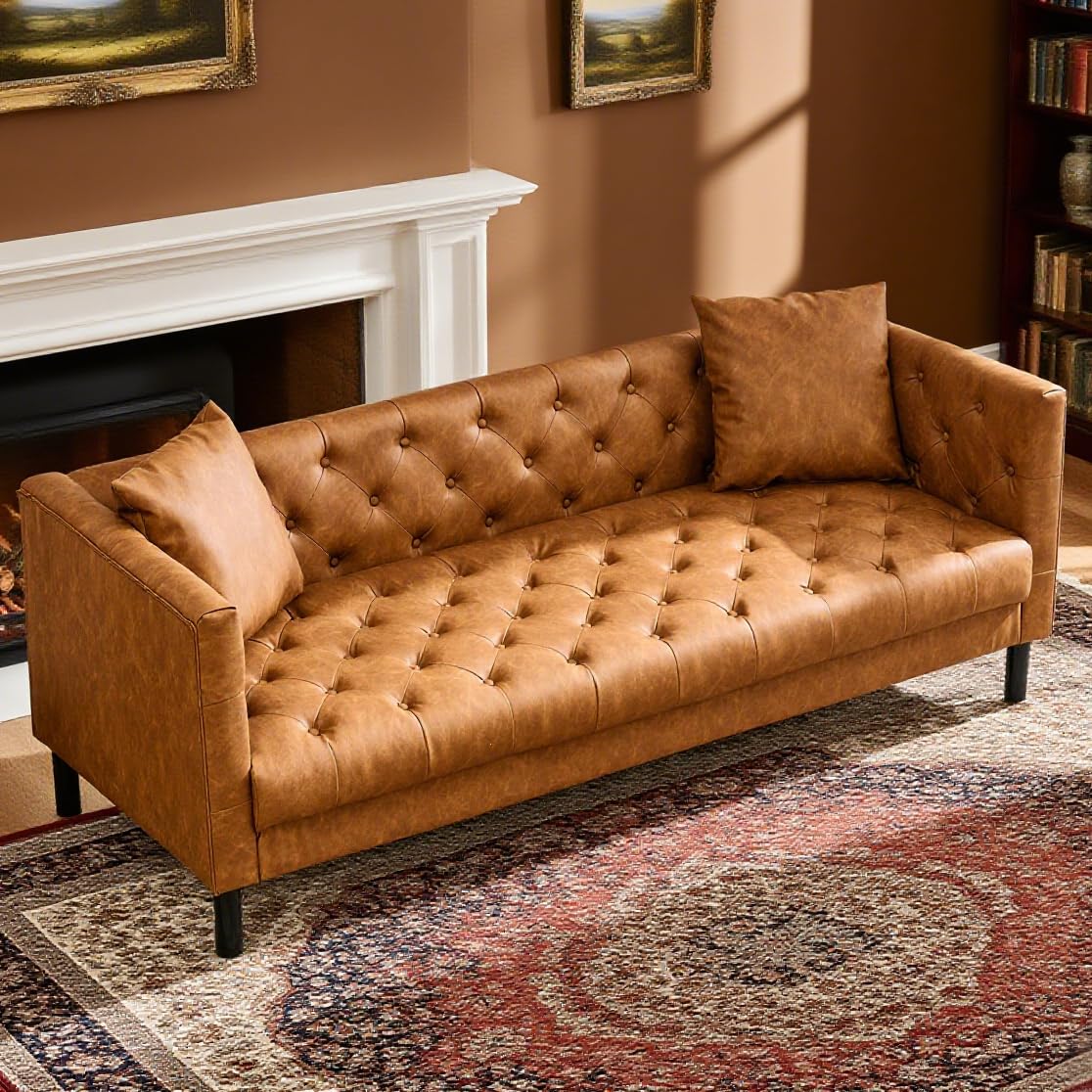 Garvee Modern PU Leather Couch for Living Room, 81" Chesterfield Sofa with Deep Seats and 2 Pillows, 3 Seater Sofa with Button Tufted, Sleeper Sofa for Apartment, Office, Brown
