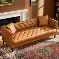Garvee Modern PU Leather Couch for Living Room, 81" Chesterfield Sofa with Deep Seats and 2 Pillows, 3 Seater Sofa with Button Tufted, Sleeper Sofa for Apartment, Office, Brown