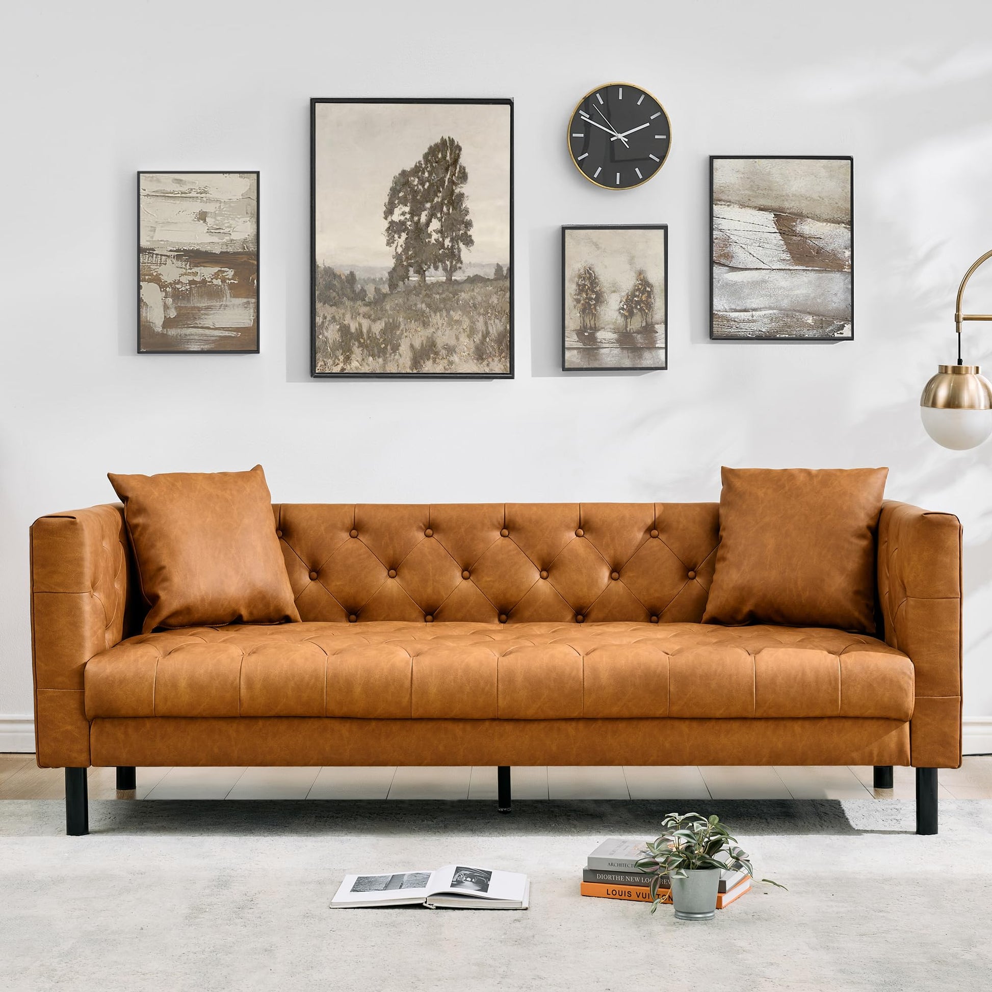 Garvee Modern PU Leather Couch for Living Room, 81" Chesterfield Sofa with Deep Seats and 2 Pillows, 3 Seater Sofa with Button Tufted, Sleeper Sofa for Apartment, Office, Brown