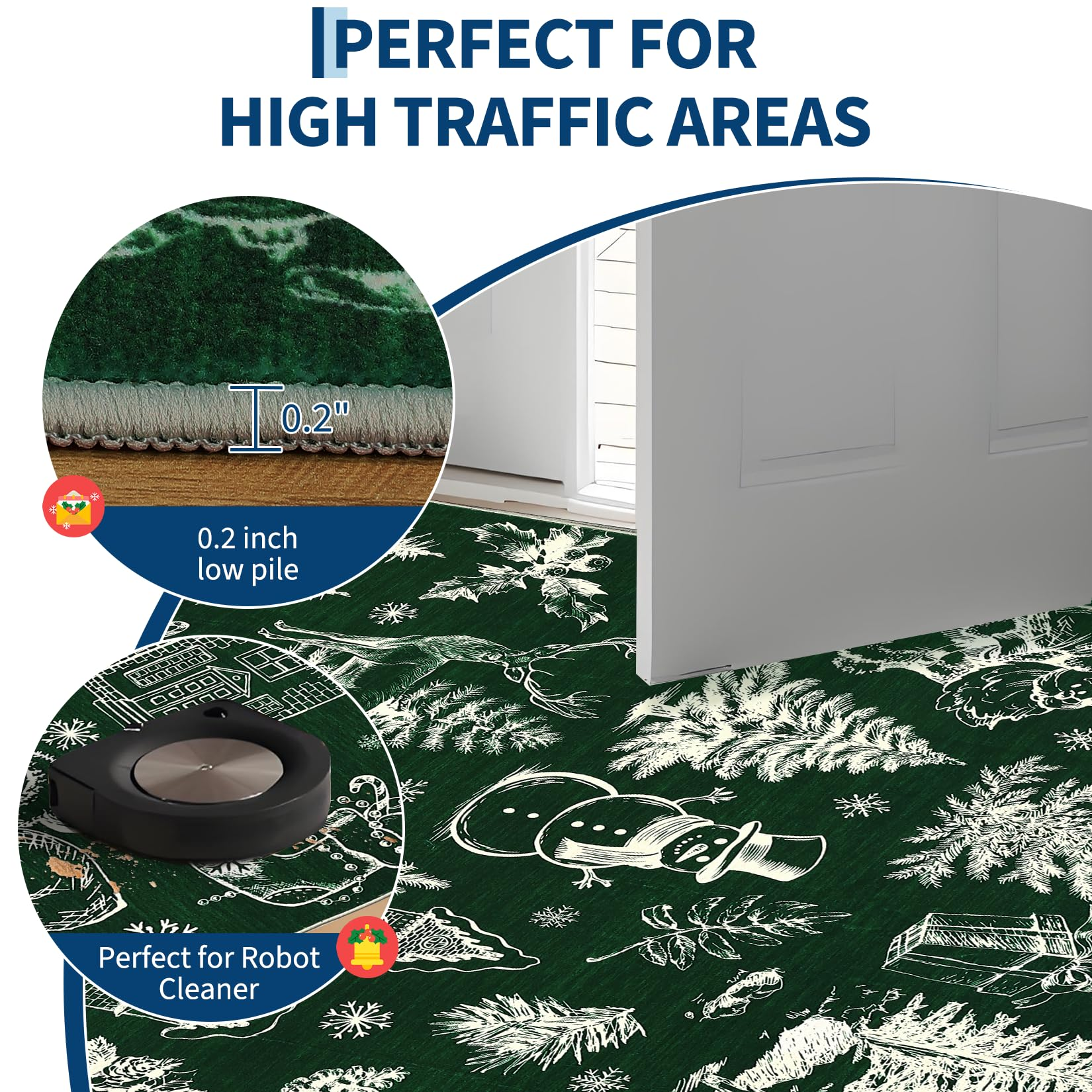 Garvee Christmas Rug Thin Washable Rug with Non Slip Rubber Backing, Low Pile Soft Indoor Carpet, Non Shedding Foldable Printed Floor Mats for Living Room Nursery Bedroom