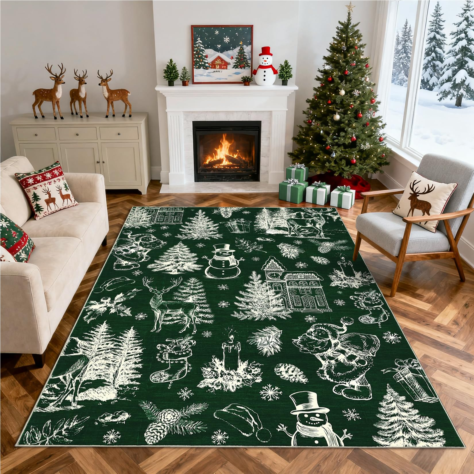 Garvee Christmas Rug Thin Washable Rug with Non Slip Rubber Backing, Low Pile Soft Indoor Carpet, Non Shedding Foldable Printed Floor Mats for Living Room Nursery Bedroom