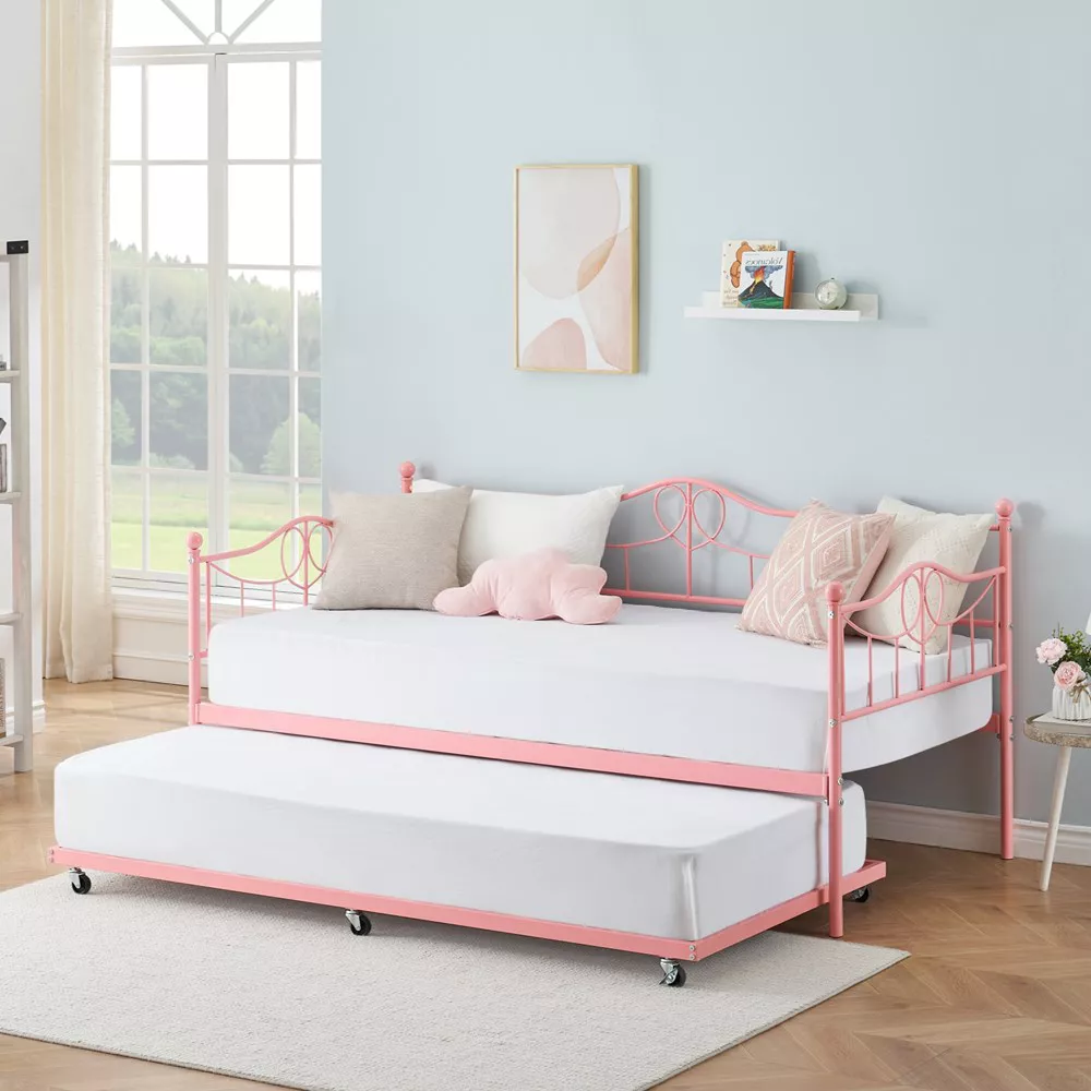 Garvee Twin Daybed with Trundle, Metal Day Beds Twin Size, Sofa Bed for Living Room and Guest Room, Pink