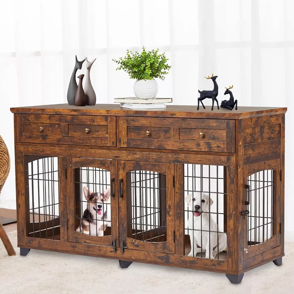 Garvee Dog Crate Furniture with 5 Doors, 58" Wooden Dog Kennel Cage End Table with Large Capacity Drawers, Dog House with Openable Divider for Dogs(Brown)
