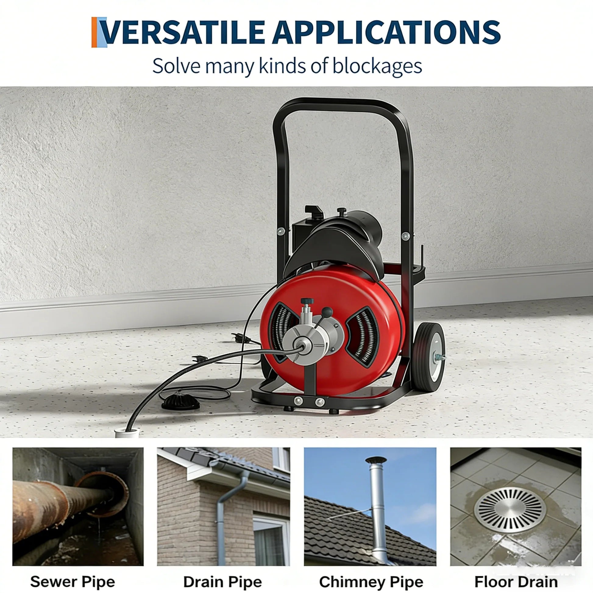 Garvee Drain Cleaner Machine - 75FT x 1/2 Inch Steel Core Cable, 370W Portable Electric Sewer Auger with Cutters, Air-Activated Foot Switch, and Wheels for Commercial and Home Use