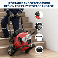 Garvee Drain Cleaner Machine - 75FT x 1/2 Inch Steel Core Cable, 370W Portable Electric Sewer Auger with Cutters, Air-Activated Foot Switch, and Wheels for Commercial and Home Use