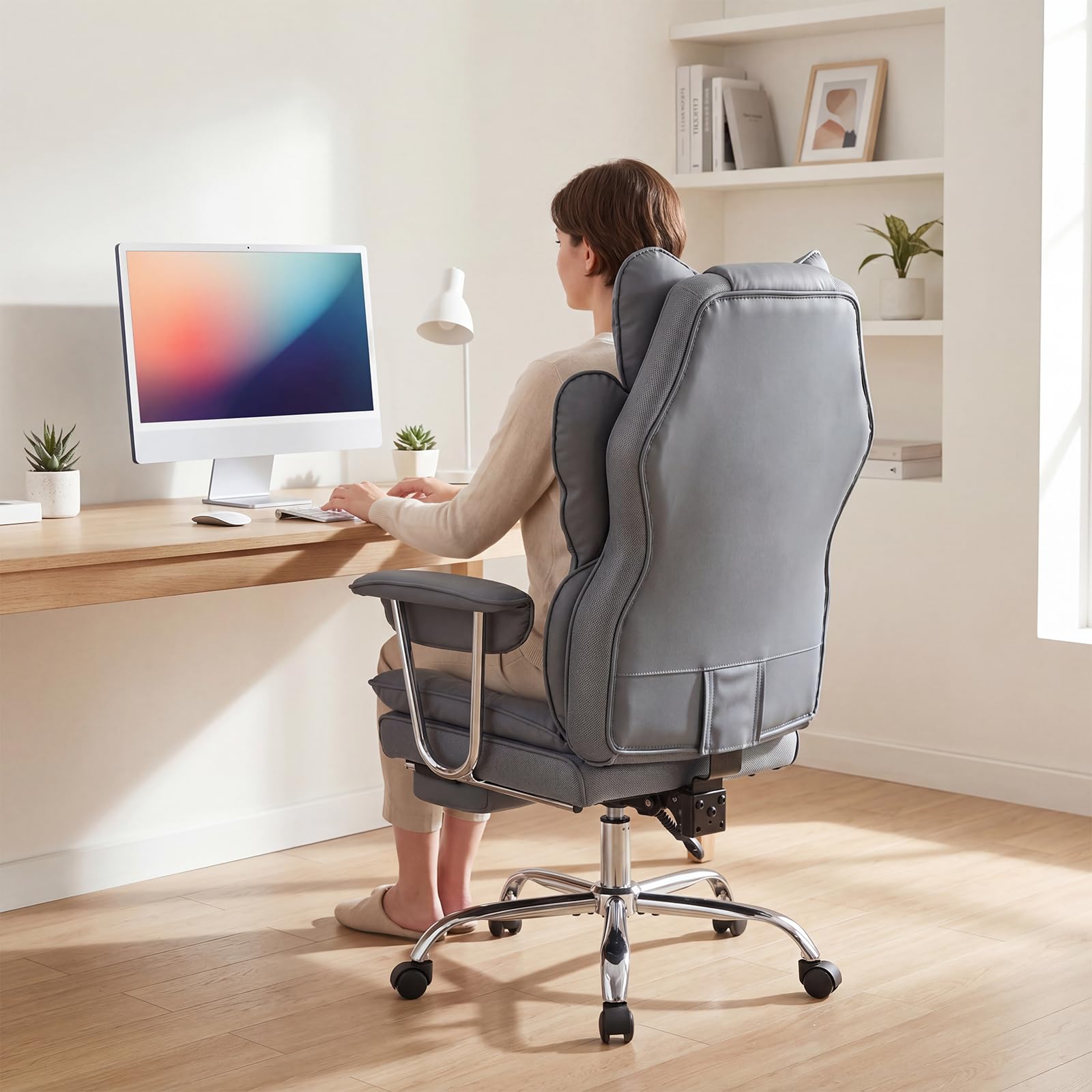Garvee Big and Tall Ergonomic Office Chair – 350lbs Heavy Duty Recline, High Back Pocket Spring Cushion, Adjustable Armrests, Footrest, Lumbar Support, PU Leather – Executive Chair – Gray