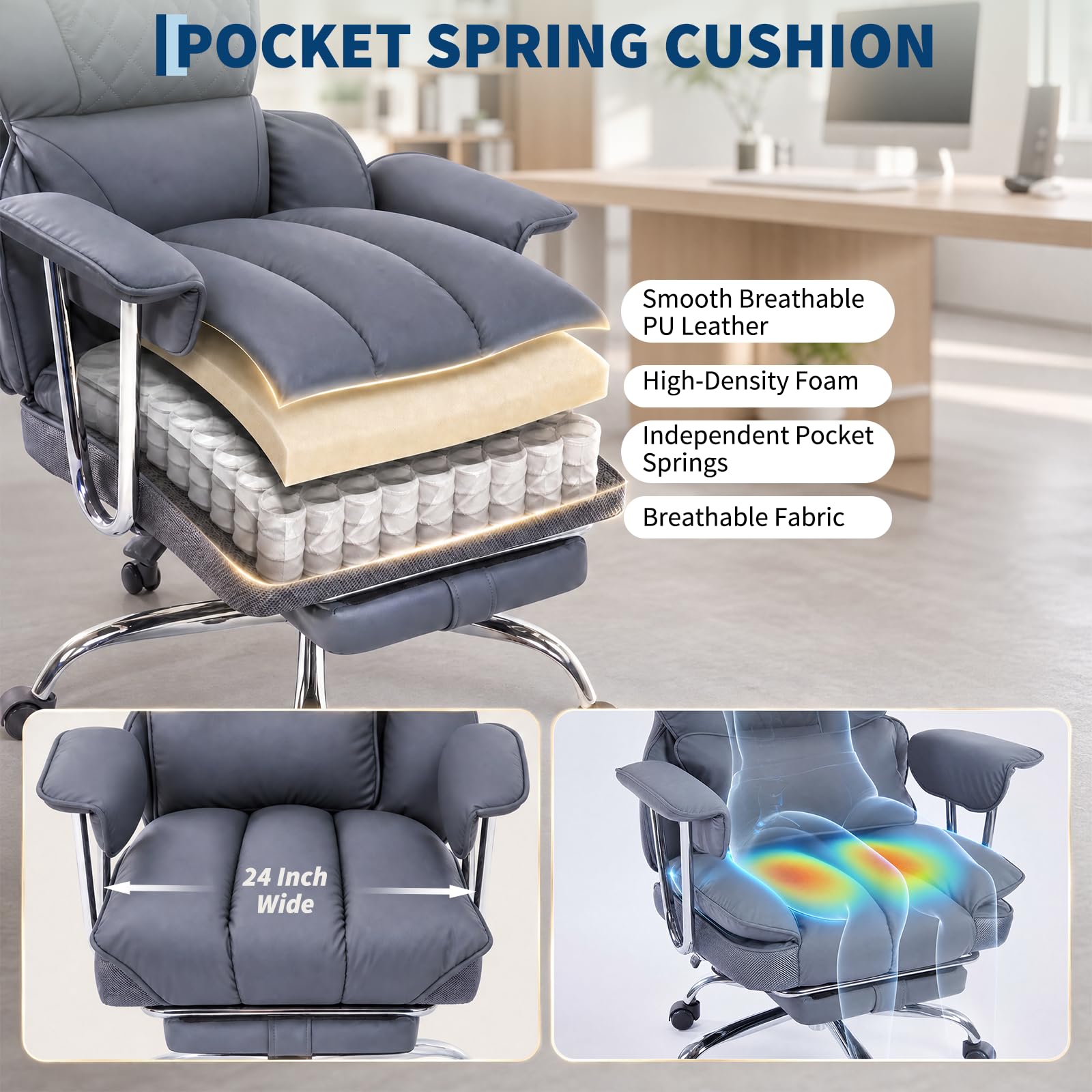 Garvee Big and Tall Ergonomic Office Chair – 350lbs Heavy Duty Recline, High Back Pocket Spring Cushion, Adjustable Armrests, Footrest, Lumbar Support, PU Leather – Executive Chair – Gray