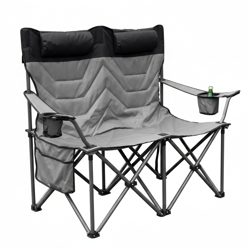 Gray and black folding chair with cup holders and bottle holder
