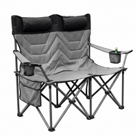 Gray and black folding chair with cup holders and bottle holder