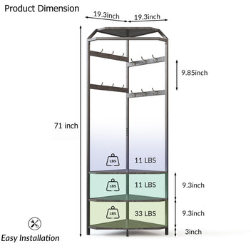 Garvee Corner Hall Tree with Hanging Clothes Rod, Corner Coat Rack - 12 Hooks Corner Clothes Rack with Storage Rack