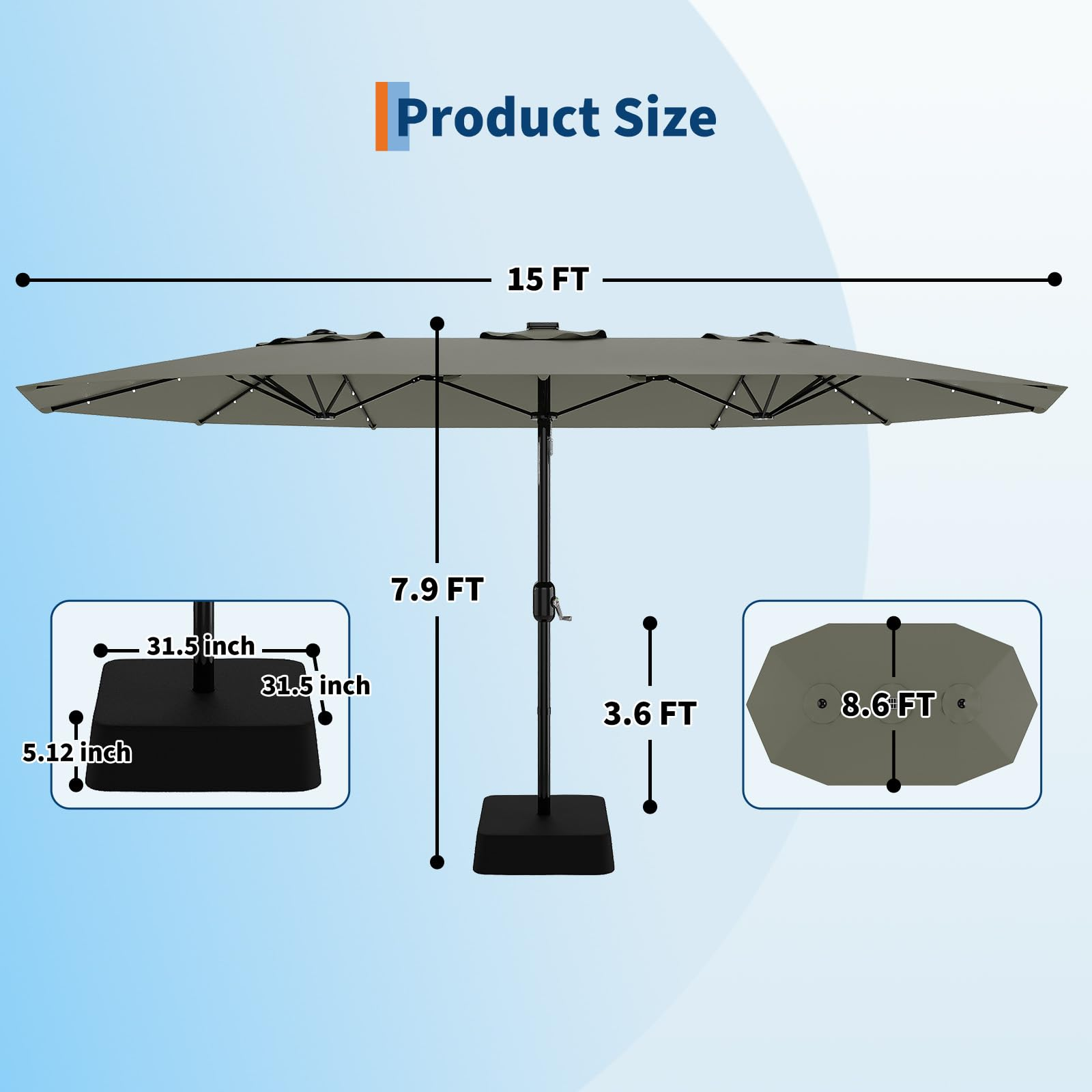 Garvee 15' Large Patio Umbrella with Base, Outdoor Double-Sided Rectangle Market Umbrella Outside Umbrellas for Poolside Lawn Backyard, Grey