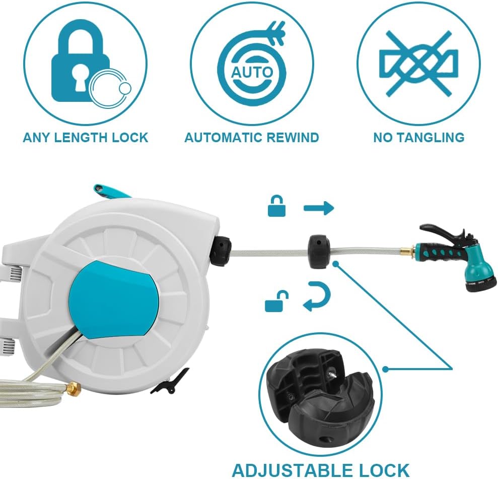 Garvee 100FT Retractable Hose Reel, 9 Modes, Wall Mount, Auto Lock
