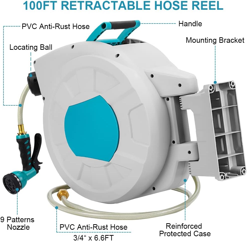 Garvee 100FT Retractable Hose Reel, 9 Modes, Wall Mount, Auto Lock