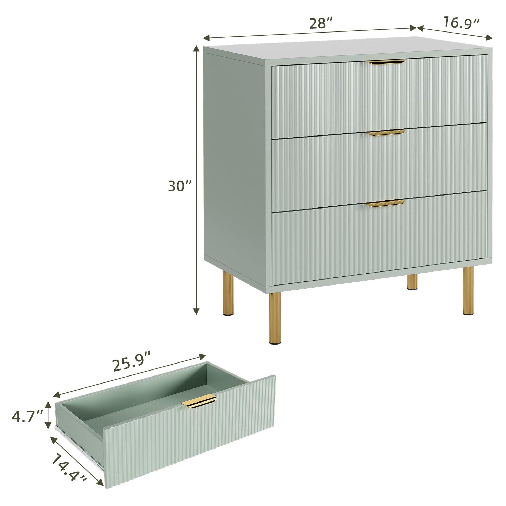 Garvee Green Dresser, Modern 3 Drawers Dresser for Bedroom with Gold Handle and Large Drawer, Wood Double Chest of Drawers and Storage Organizer for Living Room, Hallway, Entryway