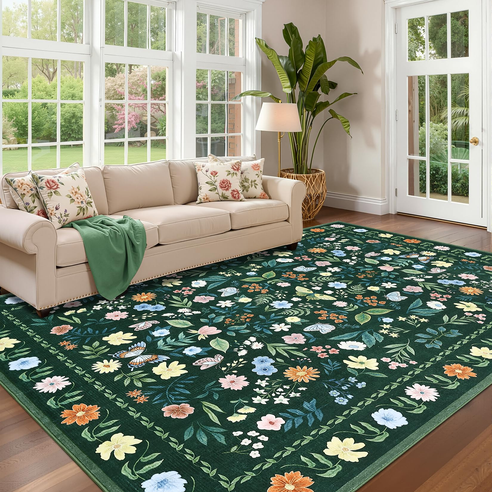 Garvee Washable Floral Rug Non Slip Living Room Rug, Area Rugs Vintage Distressed Soft Carpet for Bedroom, Dinning Room, Home Office