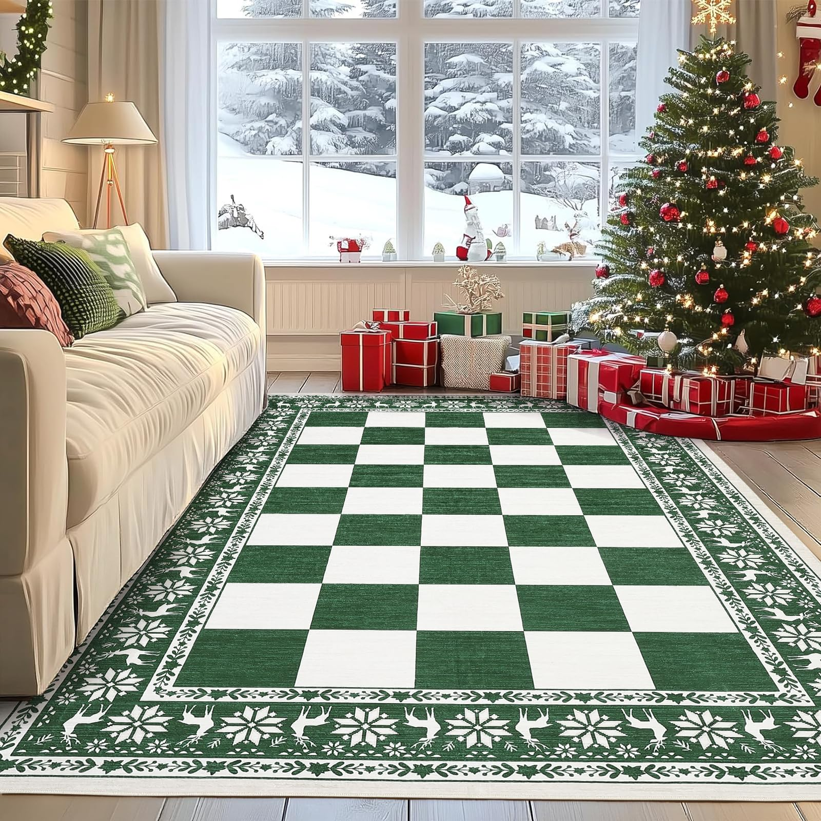 Garvee Green 6x9 Area Rugs Washable Non Slip Indoor Carpet Christmas Decor Checkered Soft Low Pile