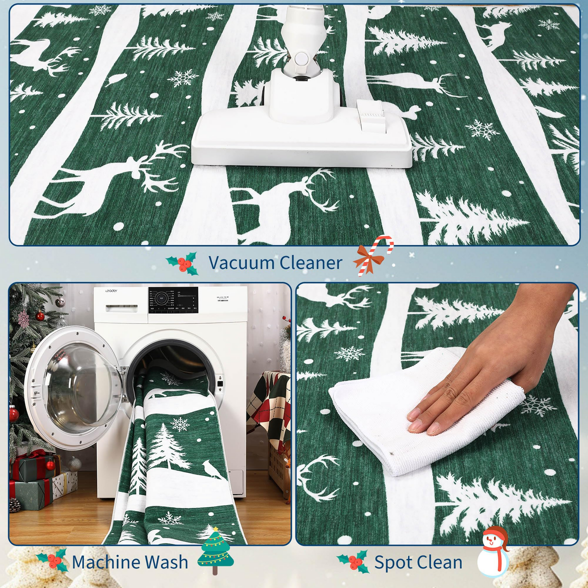 Garvee Green 8x10 Christmas Area Rug for Living Room, Washable Non Slip Carpet with Xmas Tree Reindeer Snowflake Design, Soft Low Pile Indoor Rug