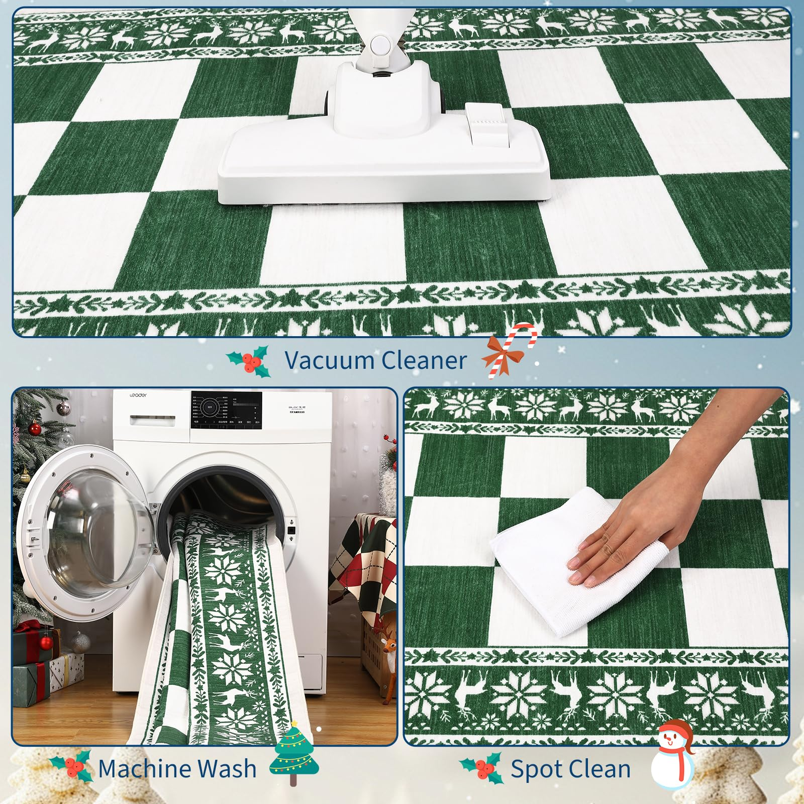Garvee Green 6x9 Area Rugs Washable Non Slip Indoor Carpet Christmas Decor Checkered Soft Low Pile