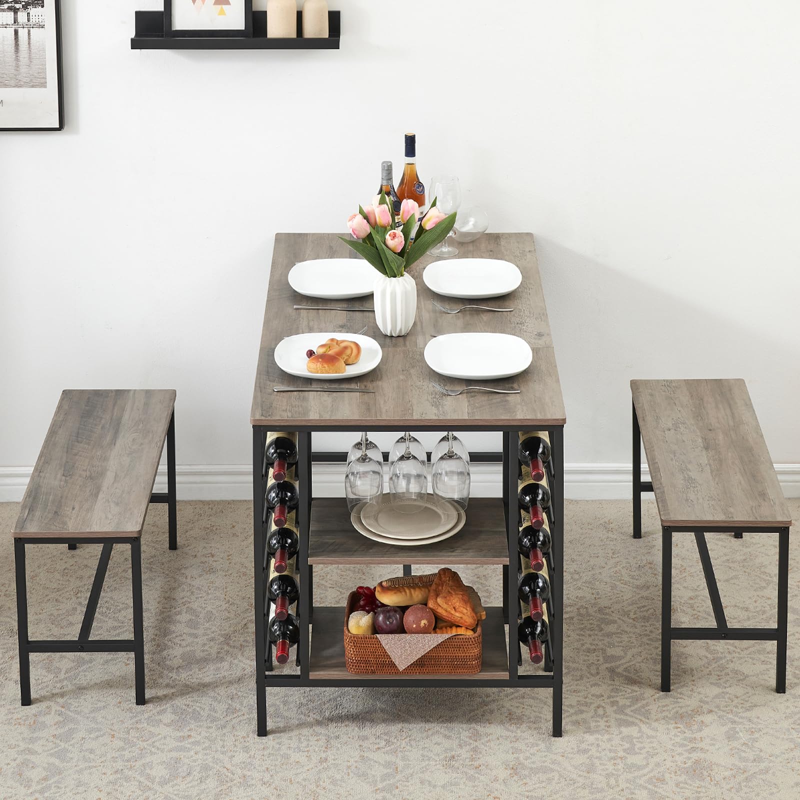 Garvee Dining Table Set for 4, Rectangular Kitchen Table Set with 2 Benches, Wine Rack and Glass Holder, 3 Piece Dining Table Set for Small Space Apartment, Grey