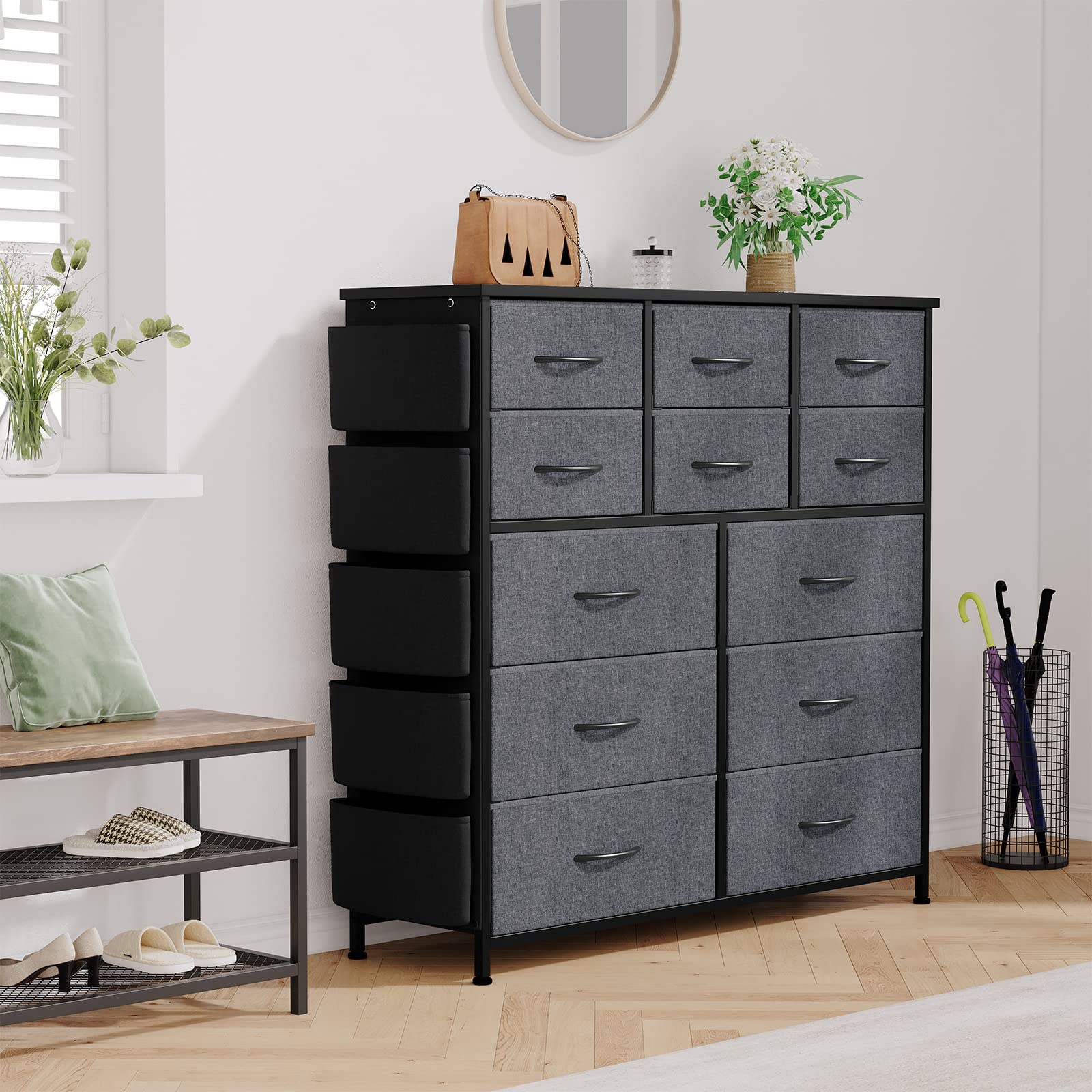 Garvee 12 Drawer Dresser for for Bedroom, Fabric Dressers & Chest of Drawers Tall Dressers for Bedroom Closet, Clothes, Wooden Top, Sturdy Metal Frame (Dark Grey)