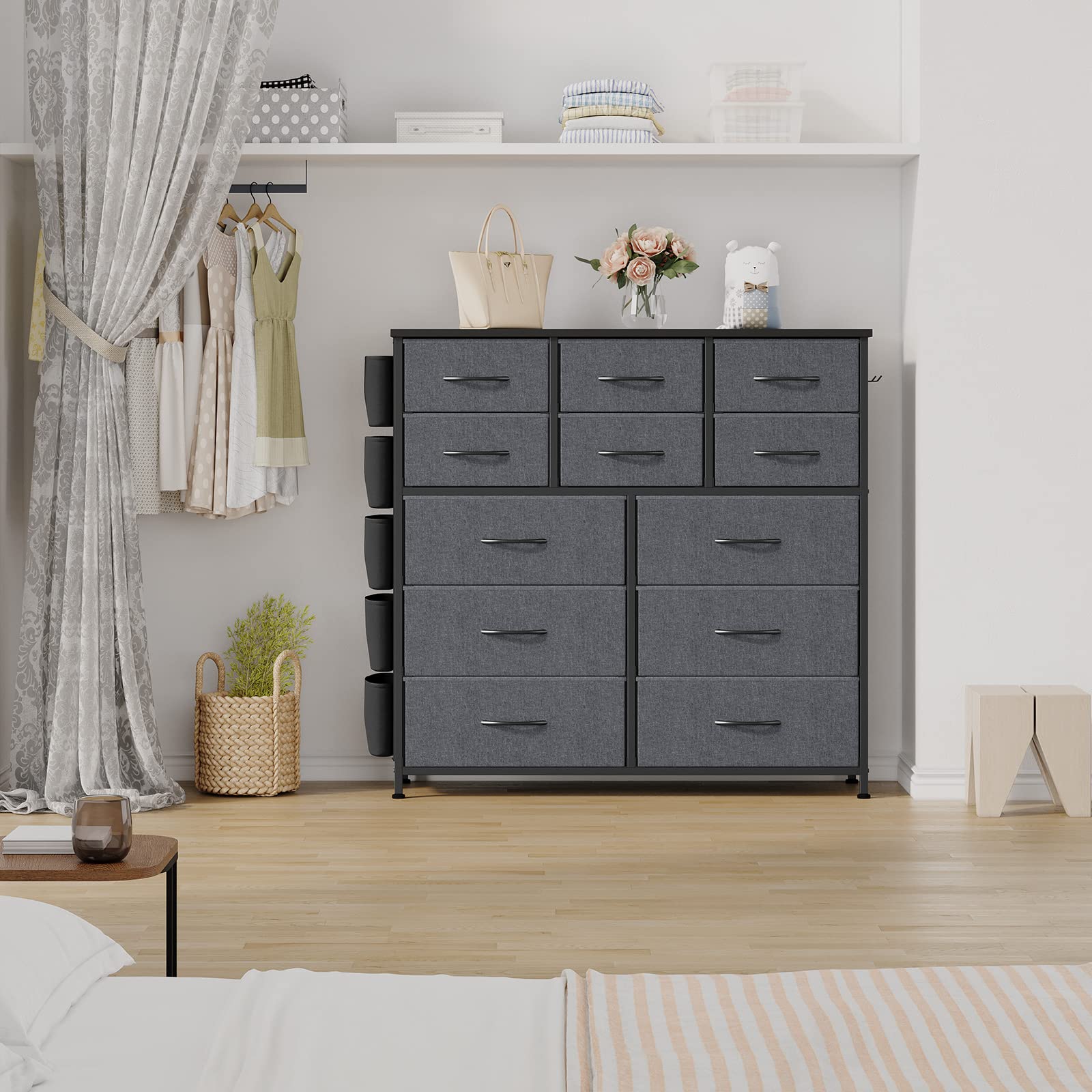 Garvee 12 Drawer Dresser for for Bedroom, Fabric Dressers & Chest of Drawers Tall Dressers for Bedroom Closet, Clothes, Wooden Top, Sturdy Metal Frame (Dark Grey)