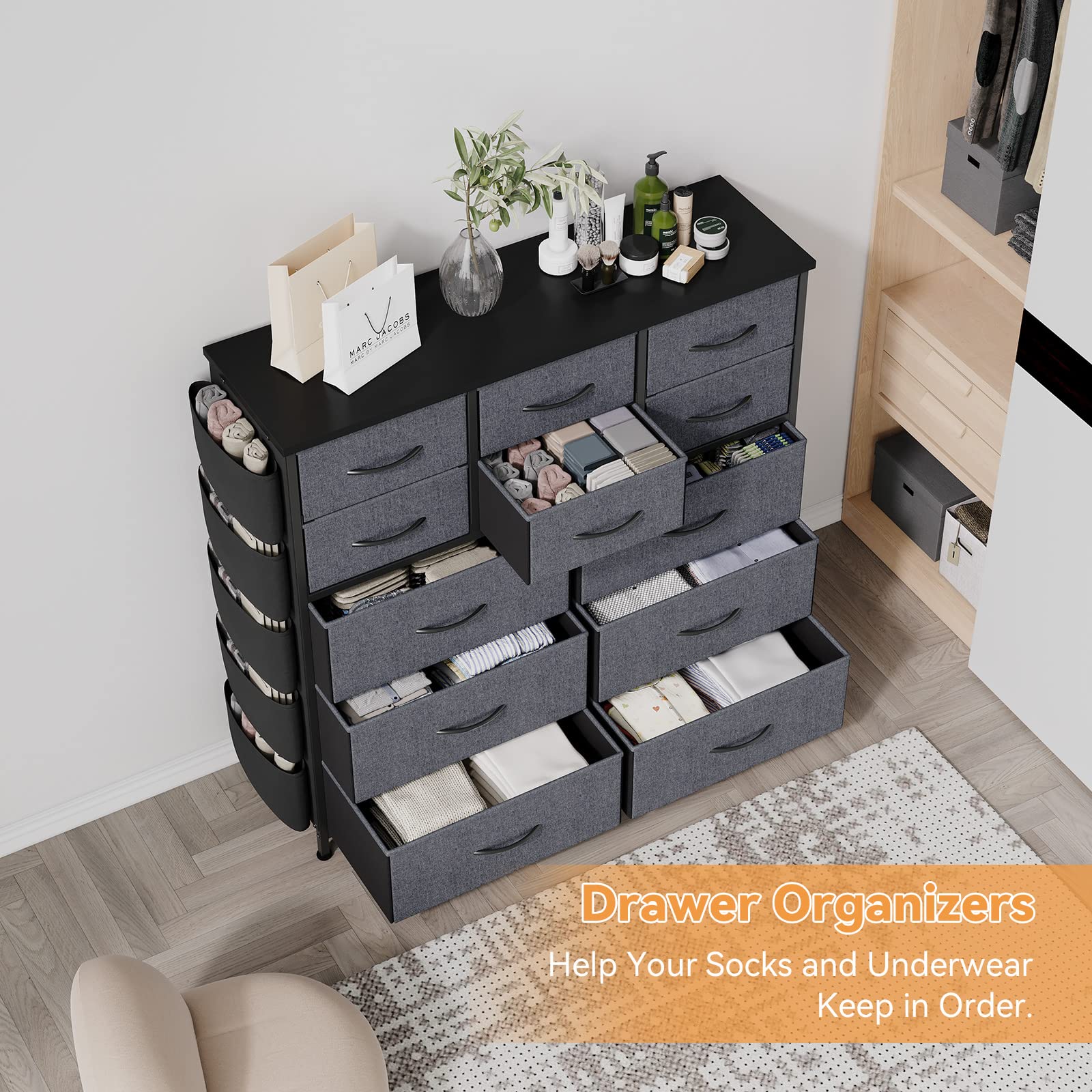 Garvee 12 Drawer Dresser for for Bedroom, Fabric Dressers & Chest of Drawers Tall Dressers for Bedroom Closet, Clothes, Wooden Top, Sturdy Metal Frame (Dark Grey)