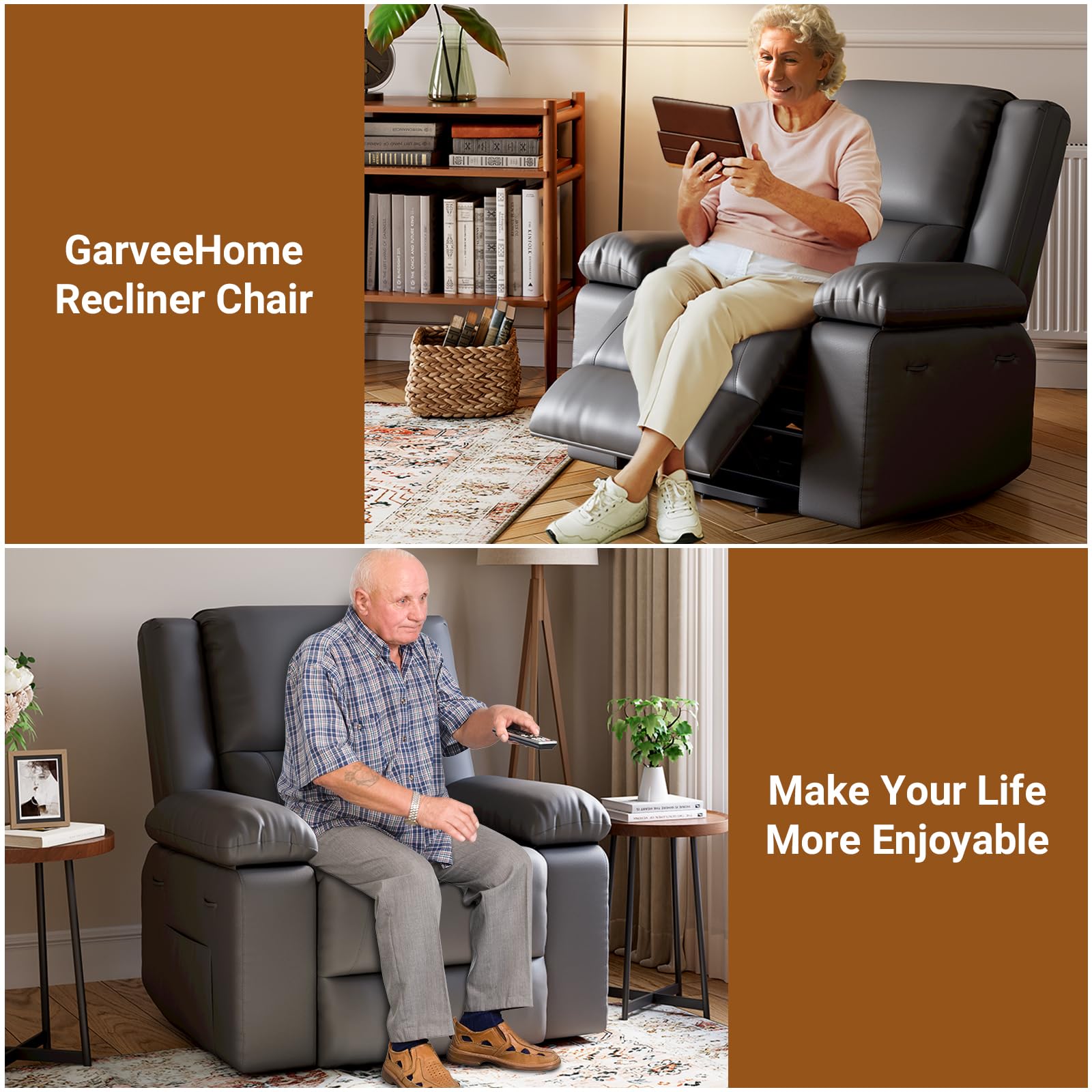 Garvee PU Leather Power Lift Recliner Chair with Massage and Heat, 8-Point Vibration, Adjustable Back and Leg Support, Electric Lift Chair Designed for Mobility Aid Elderly Relaxation, Grey