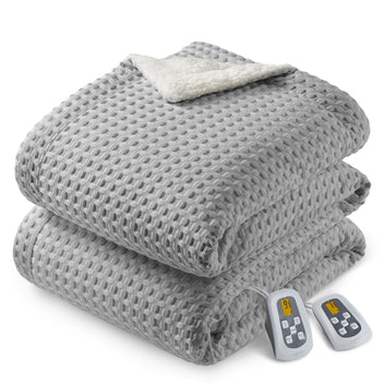 Garvee Heated King Size Blanket with Dual LCD Controllers, Fast Heating, 240GSM Velvet & Sherpa, 10 Heat Levels, 1-12H Timer, Machine Washable, Grey, 100"x90"