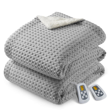 Garvee Heated King Size Blanket with Dual LCD Controllers, Fast Heating, 240GSM Velvet & Sherpa, 10 Heat Levels, 1-12H Timer, Machine Washable, Grey, 100"x90"