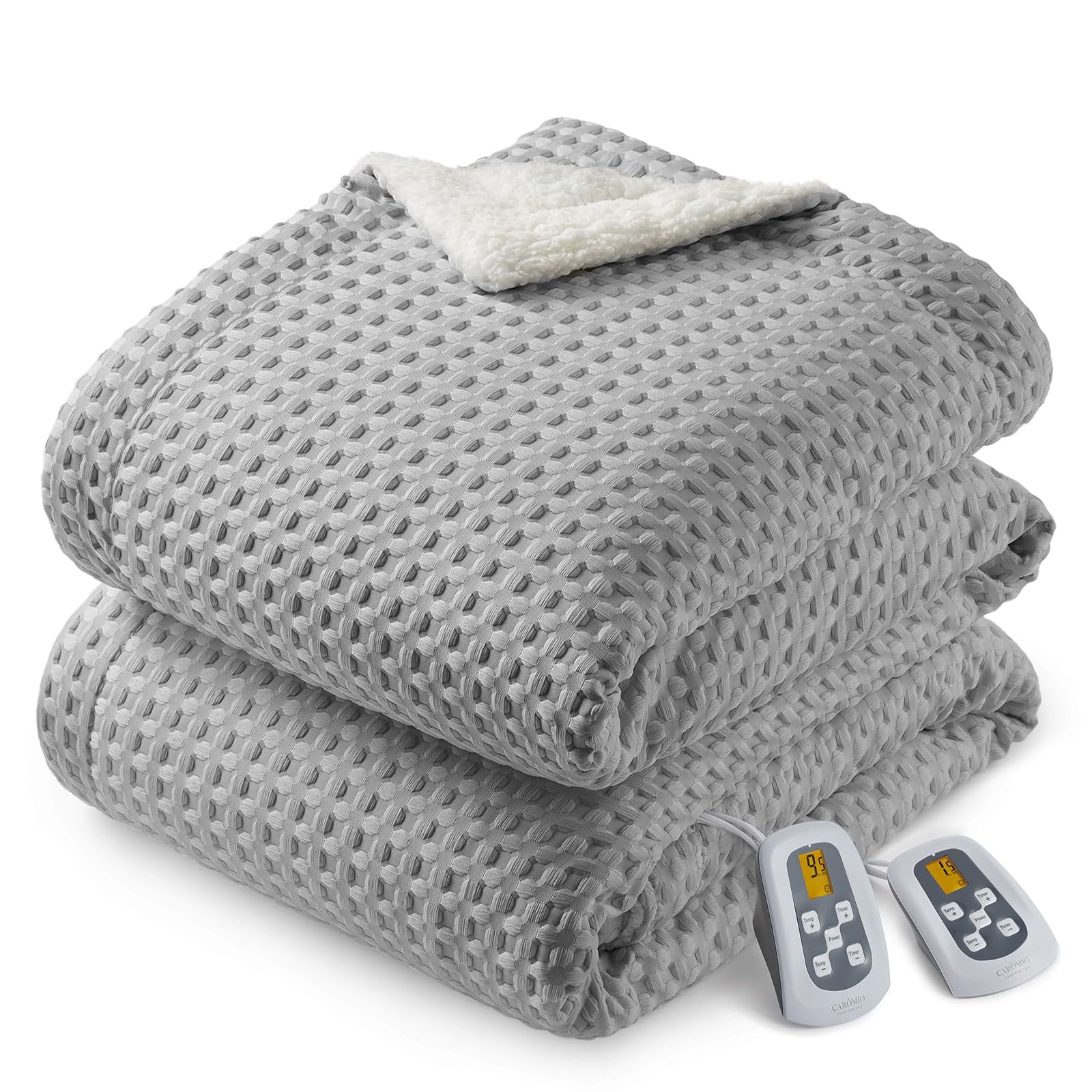 Garvee Heated King Size Blanket with Dual LCD Controllers, Fast Heating, 240GSM Velvet & Sherpa, 10 Heat Levels, 1-12H Timer, Machine Washable, Grey, 100"x90"