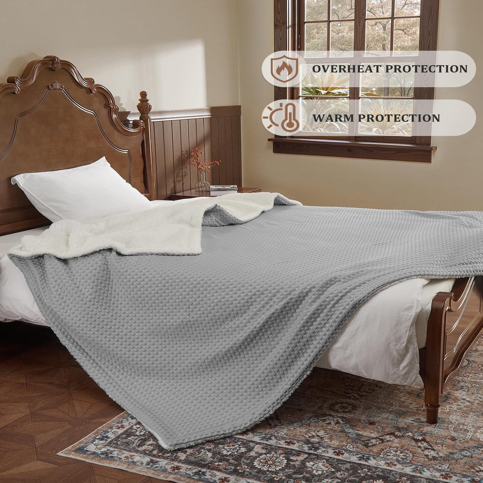 Garvee Heated King Size Blanket with Dual LCD Controllers, Fast Heating, 240GSM Velvet & Sherpa, 10 Heat Levels, 1-12H Timer, Machine Washable, Grey, 100"x90"