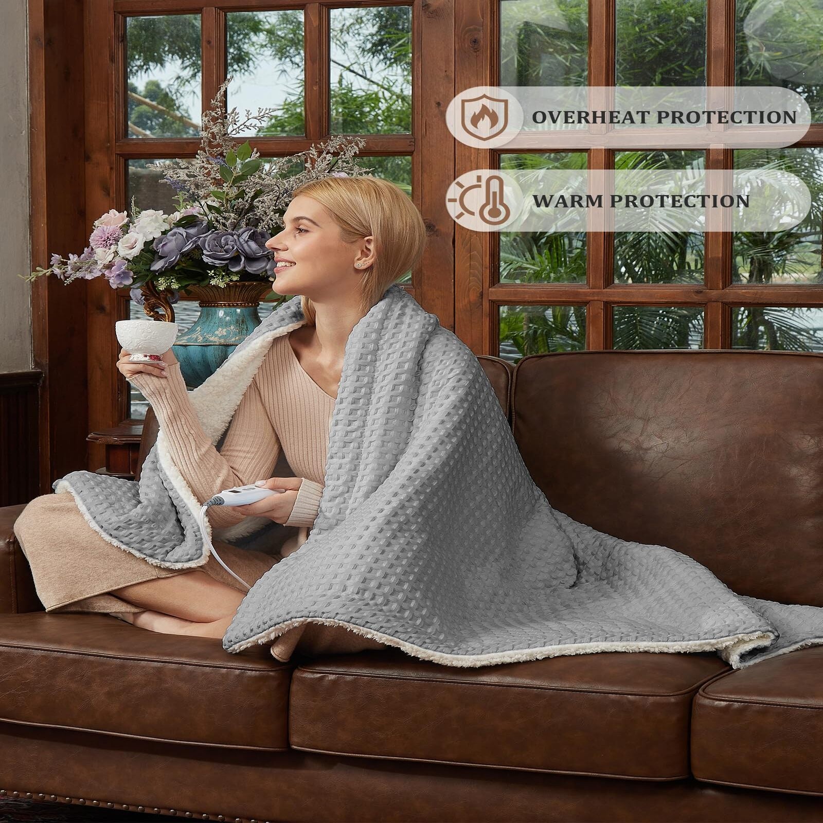 Garvee Heated Blanket Throw, Waffle Weave Electric Throw Blanket Fast Heating with LCD Controller, 6 Heat Levels & 4 Hour Auto Shut Off, ETL Certified, Machine Washable, Grey, 50" x 60"