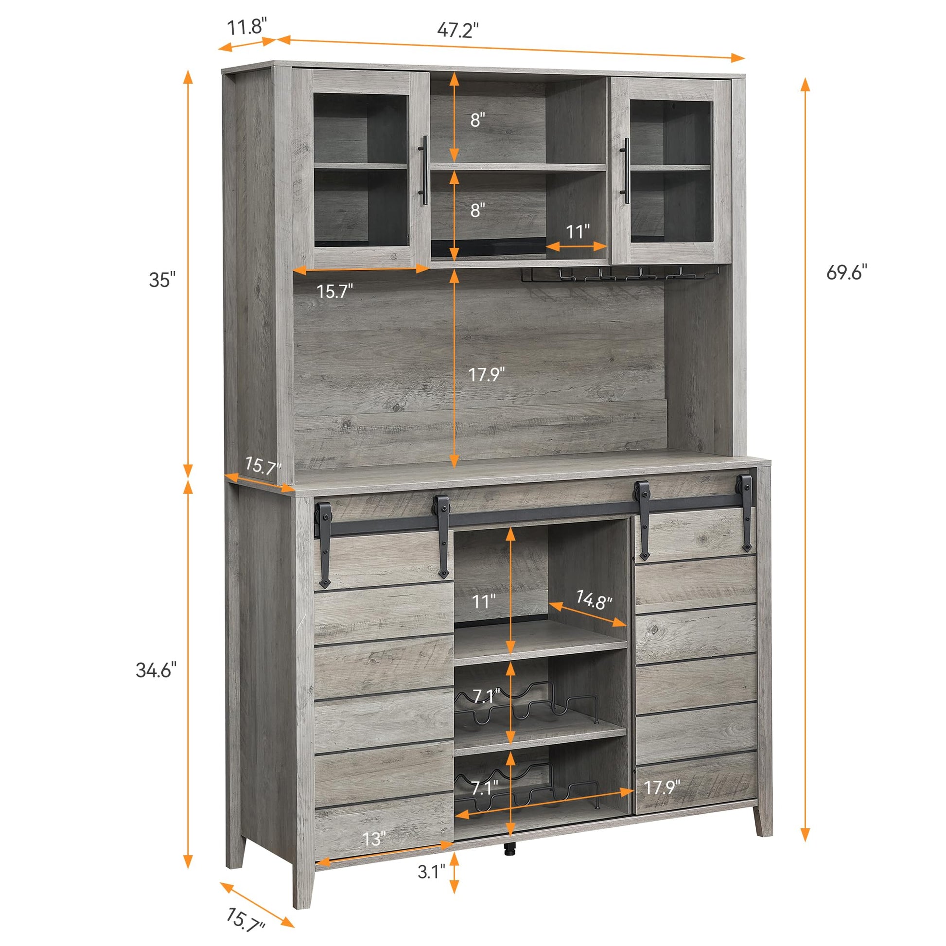 Garvee 70'' Wine Coffee Bar Cabinet with Storage Hutch, Tall Kitchen Pantry Liquor Cabinet with Sliding Barn Doors, Bottle Glasses Rack, Farmhouse Buffet for Home Dining Room, Grey