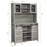 Garvee 70'' Wine Coffee Bar Cabinet with Storage Hutch, Tall Kitchen Pantry Liquor Cabinet with Sliding Barn Doors, Bottle Glasses Rack, Farmhouse Buffet for Home Dining Room, Grey